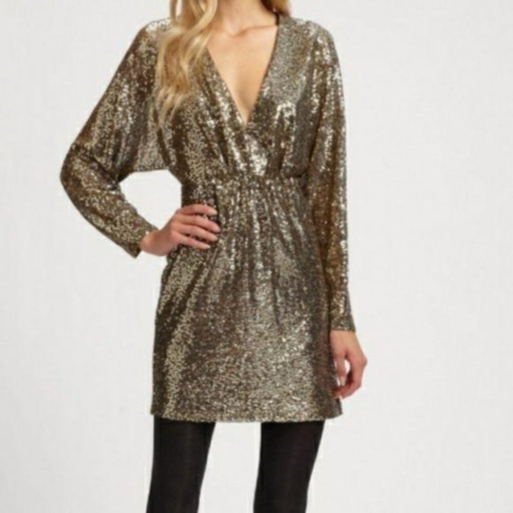Trina Turk Retro 70's Glam Metallic Gold Sequin‎ Tunic Top Mini Dress Sz 2